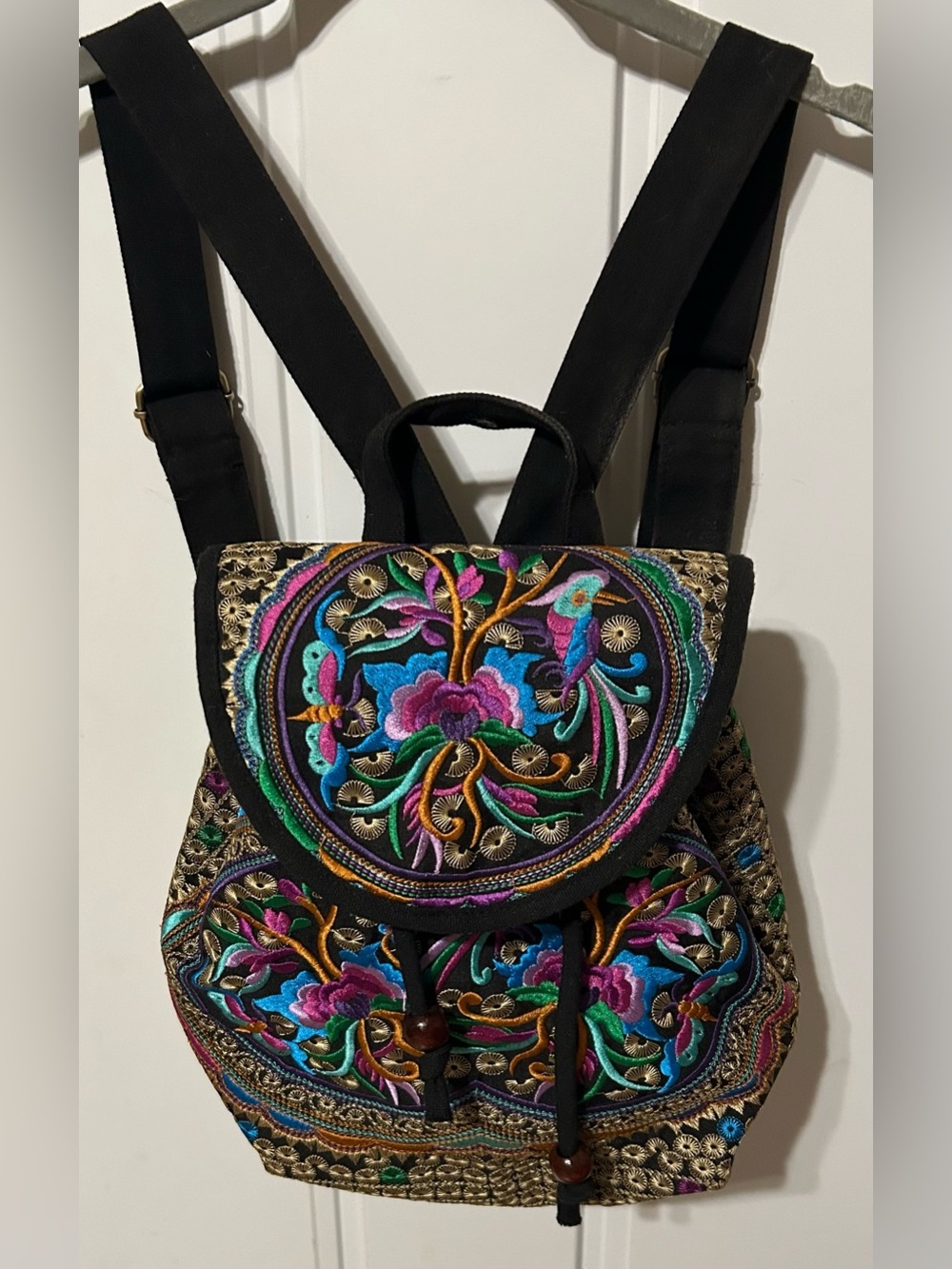Embroidered Floral Black Backpack Purse